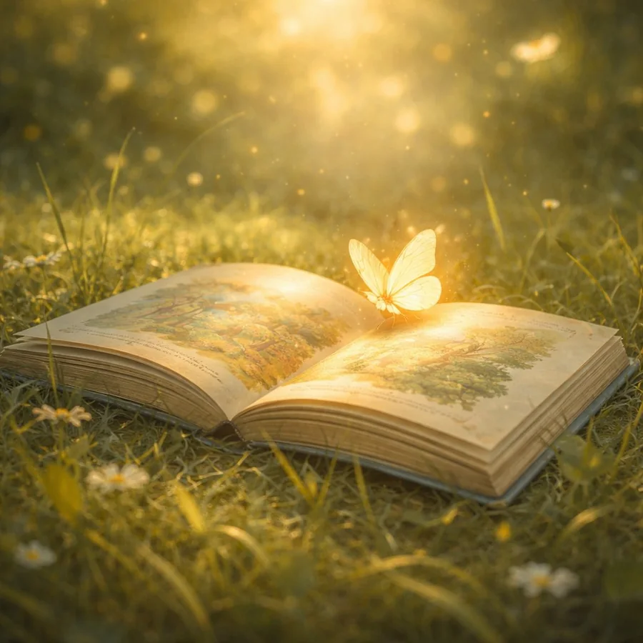 An open storybook in a meadow with a glowing butterfly rising from its pages
