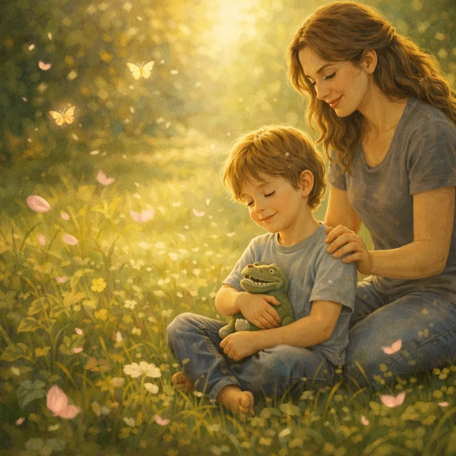 Child in a meadow with a parent offering gentle comfort