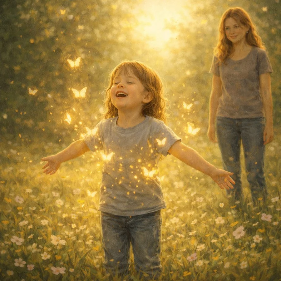 Child with arms outstretched, glowing butterflies swirling with joy