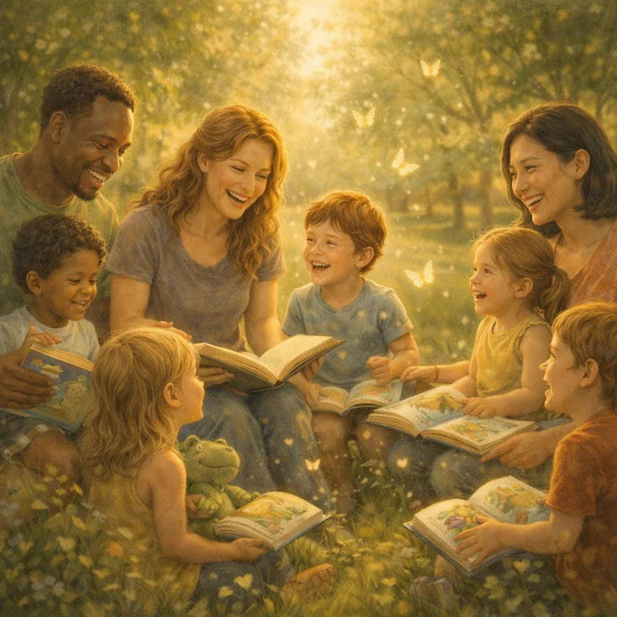 Diverse families and children sharing books and laughter in a sunlit meadow